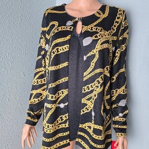 Rebecca Malone Womens Black Gold Metallic Chain Print Two Fer Top Cardigan L NWT